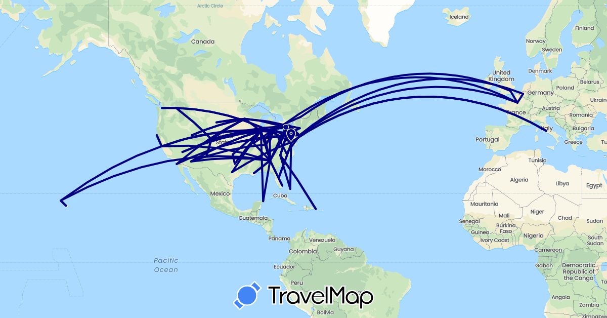 TravelMap itinerary: driving in Belgium, Bahamas, Canada, Dominican Republic, France, United Kingdom, Italy, Mexico, United States (Europe, North America)